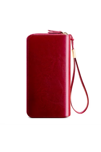 Bonluo Portofel Damă Vișiniu Din Piele Naturală Premium Cu Fermoar Dublu Și Brățară De Încheietură (20x10x4cm)