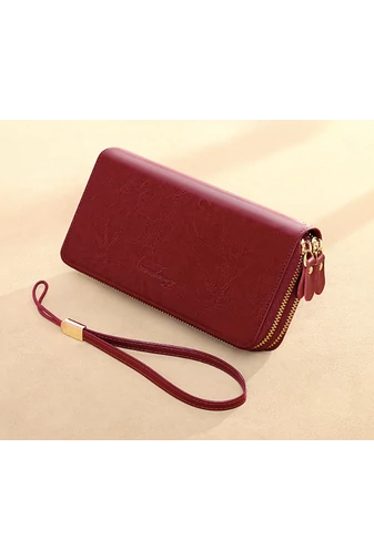 Bonluo Portofel Damă Vișiniu Din Piele Naturală Premium Cu Fermoar Dublu Și Brățară De Încheietură (20x10x4cm)