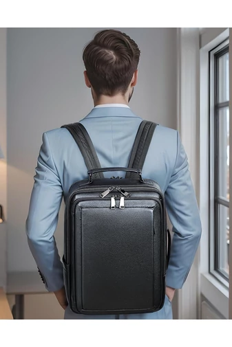 Rucsac Business Negru Din Piele Naturală Calitate Superioară Cu Aștașare La Troler Dimensiune (42*11*17cm)