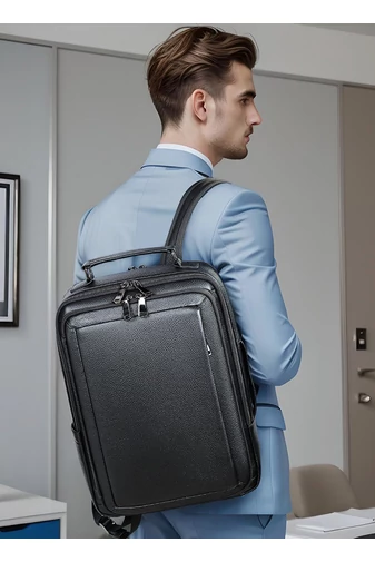 Rucsac Business Negru Din Piele Naturală Calitate Superioară Cu Aștașare La Troler Dimensiune (42*11*17cm)
