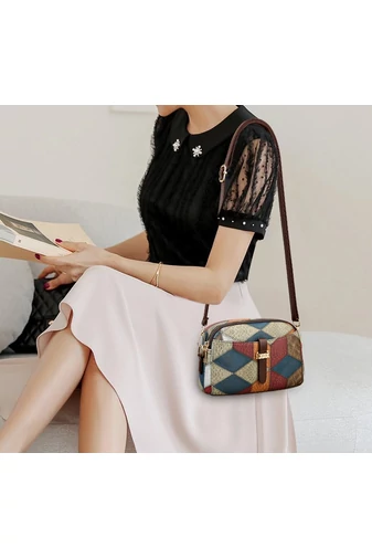Geantă Crossbody Bonluo Albastru Cu Model Colorat Din Imitație De Piele Dimensiunea 15*21*7 cm 