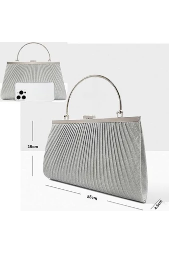 Geantă Elegantă Argintie Bonluo Pentru Ocazii Speciale Cu Mâner Metalic Accesorizat Dimensiune (15*25*4,5cm)