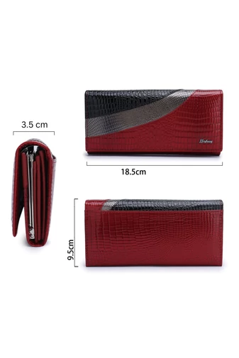 Portofel Damă Bonluo Roșu Cu Model Negru Și Metalic Din Piele Naturală Lăcuită De Dimensiunea 9.5*18.5*3.5 cm