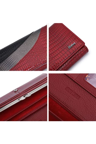 Portofel Damă Bonluo Roșu Cu Model Negru Și Metalic Din Piele Naturală Lăcuită De Dimensiunea 9.5*18.5*3.5 cm