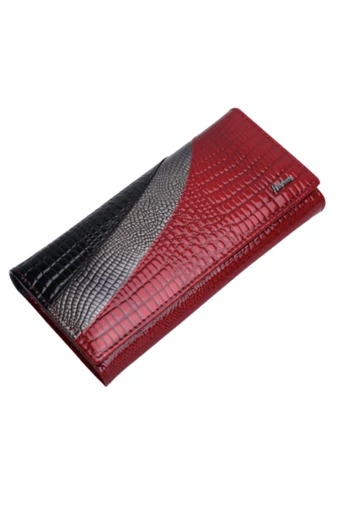 Portofel Damă Bonluo Roșu Cu Model Negru Și Metalic Din Piele Naturală Lăcuită De Dimensiunea 9.5*18.5*3.5 cm