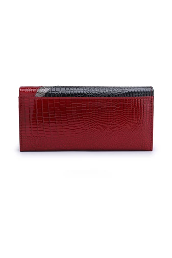 Portofel Damă Bonluo Roșu Cu Model Negru Și Metalic Din Piele Naturală Lăcuită De Dimensiunea 9.5*18.5*3.5 cm