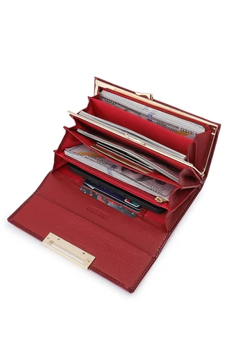Portofel Damă Bonluo Roșu Lăcuit Din Piele Naturală  De Dimensiunea 9*18.5*3.5cm
