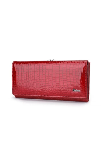 Portofel Damă Bonluo Lăcuit Roșu Din Piele Naturală Cu Model Piele De Crocodil De Dimensiunea 9*19*3cm