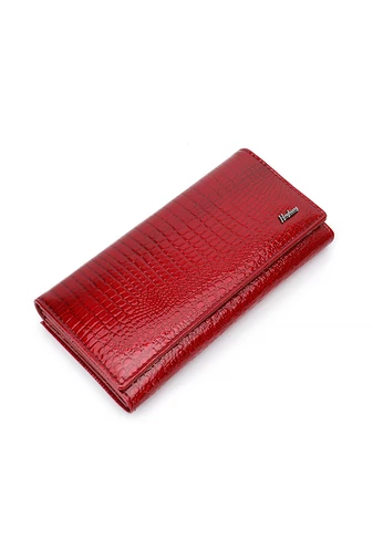 Portofel Damă Bonluo Lăcuit Roșu Din Piele Naturală Cu Model Piele De Crocodil De Dimensiunea 9*19*3cm