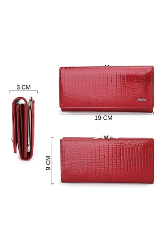 Portofel Damă Bonluo Lăcuit Roșu Din Piele Naturală Cu Model Piele De Crocodil De Dimensiunea 9*19*3cm