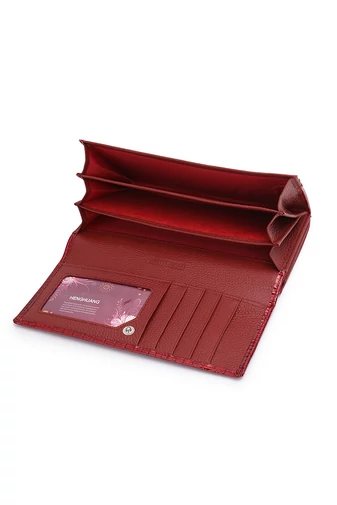 Portofel Damă Bonluo Lăcuit Roșu Din Piele Naturală Cu Model Piele De Crocodil De Dimensiunea 9*19*3cm