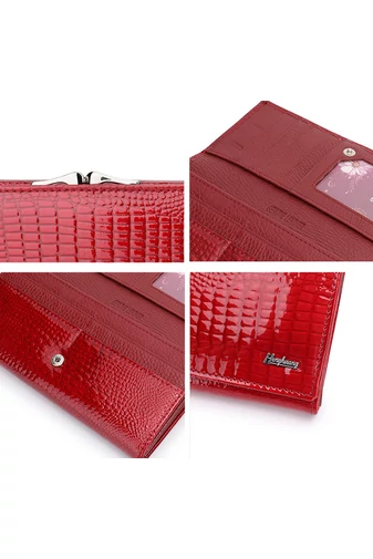 Portofel Damă Bonluo Lăcuit Roșu Din Piele Naturală Cu Model Piele De Crocodil De Dimensiunea 9*19*3cm