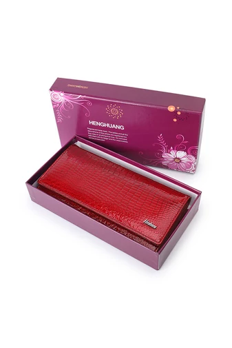 Portofel Damă Bonluo Lăcuit Roșu Din Piele Naturală Cu Model Piele De Crocodil De Dimensiunea 9*19*3cm