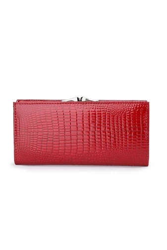 Portofel Damă Bonluo Lăcuit Roșu Din Piele Naturală Cu Model Piele De Crocodil De Dimensiunea 9*19*3cm