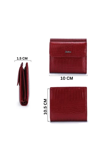Portofel Damă Bonluo Roșu Lăcuit Din Piele Naturală Cu Model Piele De Crocodil De Dimensiunea 10.5*10*1.5cm