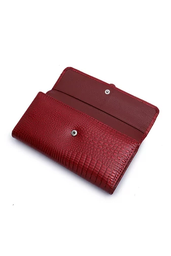 Portofel Damă Bonluo Roșu Lăcuit Din Piele Naturală Cu Model Piele De Crocodil De Dimensiunea 10*19*3cm
