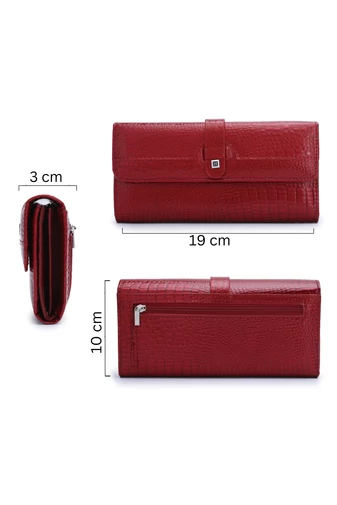 Portofel Damă Bonluo Roșu Lăcuit Din Piele Naturală Cu Model Piele De Crocodil De Dimensiunea 10*19*3cm