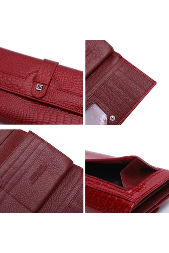 Portofel Damă Bonluo Roșu Lăcuit Din Piele Naturală Cu Model Piele De Crocodil De Dimensiunea 10*19*3cm