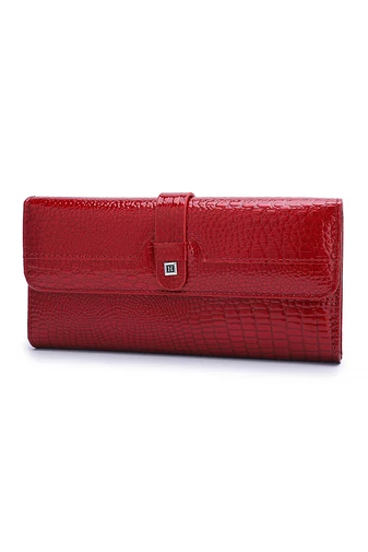 Portofel Damă Bonluo Roșu Lăcuit Din Piele Naturală Cu Model Piele De Crocodil De Dimensiunea 10*19*3cm