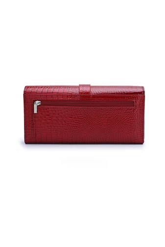 Portofel Damă Bonluo Roșu Lăcuit Din Piele Naturală Cu Model Piele De Crocodil De Dimensiunea 10*19*3cm