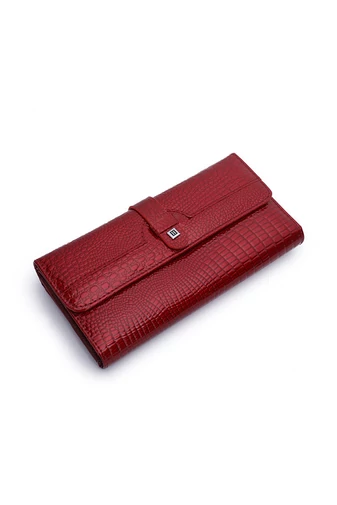 Portofel Damă Bonluo Roșu Lăcuit Din Piele Naturală Cu Model Piele De Crocodil De Dimensiunea 10*19*3cm