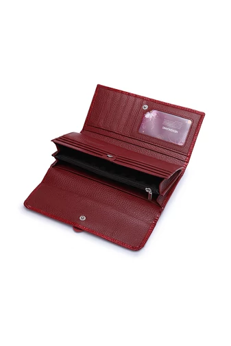 Portofel Damă Bonluo Roșu Lăcuit Din Piele Naturală Cu Model Piele De Crocodil De Dimensiunea 10*19*3cm