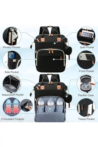 Rucsac Bonluo Pentru Mămici Negru Multifuncțional Din Poliester Impermeabil Cu Spațiu USB 40*29*15cm