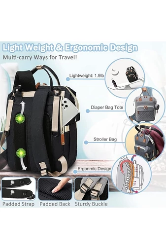 Rucsac Bonluo Pentru Mămici Negru Multifuncțional Din Poliester Impermeabil Cu Spațiu USB 40*29*15cm