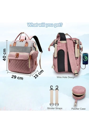 Rucsac Bonluo Pentru Mămici Roz Cu Gri Multifuncțional Din Poliester Impermeabil Cu Spațiu USB 40*29*15cm