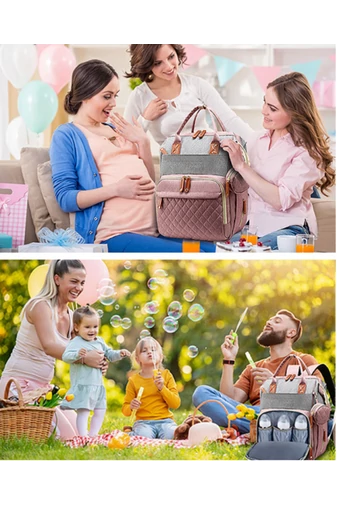 Rucsac Bonluo Pentru Mămici Roz Cu Gri Multifuncțional Din Poliester Impermeabil Cu Spațiu USB 40*29*15cm