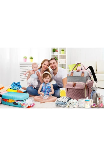 Rucsac Bonluo Pentru Mămici Roz Cu Gri Multifuncțional Din Poliester Impermeabil Cu Spațiu USB 40*29*15cm