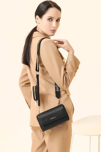 Geantă Crossbody 2în1 Portofel Bonluo Negru Din Imitație De Piele Cu Un Design Compact Și Un Mini Portofel Atașat De Dimensiunea 11*19*7cm 