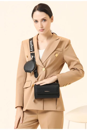 Geantă Crossbody 2în1 Portofel Bonluo Negru Din Imitație De Piele Cu Un Design Compact Și Un Mini Portofel Atașat De Dimensiunea 11*19*7cm 