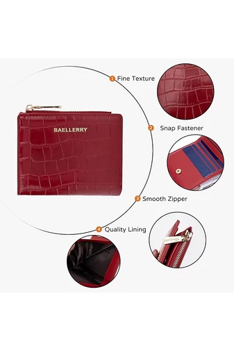 Portofel Bifold Mic Vișiniu Din Imitație De Piele Lăcuită Cu Model Piele De Crocodil De Dimensiunea 9.5*11.5*3cm