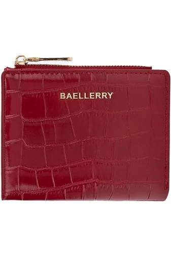 Portofel Bifold Mic Vișiniu Din Imitație De Piele Lăcuită Cu Model Piele De Crocodil De Dimensiunea 9.5*11.5*3cm