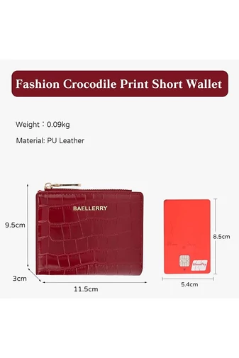 Portofel Bifold Mic Vișiniu Din Imitație De Piele Lăcuită Cu Model Piele De Crocodil De Dimensiunea 9.5*11.5*3cm