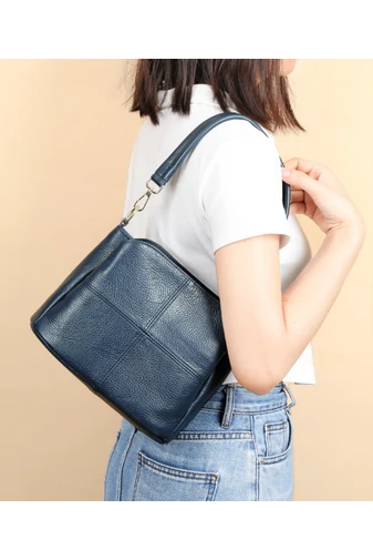 Geantă Crossbody Si De Mână Albastră Bonluo Din Piele Naturală Dimensiune (18*24*13cm)