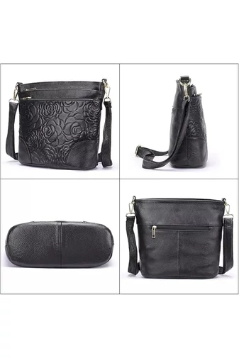 Geantă De Umăr Crossbody Bonluo Neagră Din Piele Naturală Cu Design Floral Embosat (22*28*10cm)