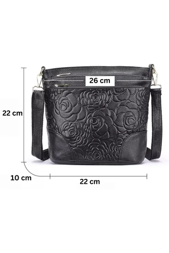 Geantă De Umăr Crossbody Bonluo Neagră Din Piele Naturală Cu Design Floral Embosat (22*28*10cm)