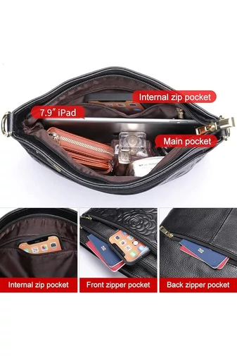 Geantă De Umăr Crossbody Bonluo Neagră Din Piele Naturală Cu Design Floral Embosat (22*28*10cm)