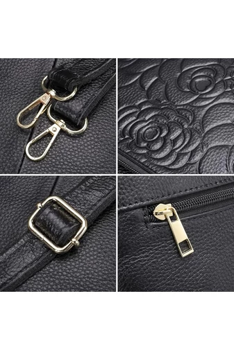 Geantă De Umăr Crossbody Bonluo Neagră Din Piele Naturală Cu Design Floral Embosat (22*28*10cm)