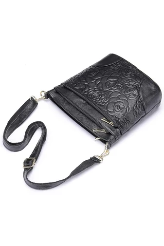 Geantă De Umăr Crossbody Bonluo Neagră Din Piele Naturală Cu Design Floral Embosat (22*28*10cm)