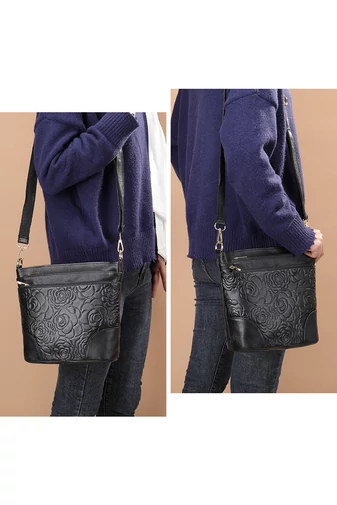 Geantă De Umăr Crossbody Bonluo Neagră Din Piele Naturală Cu Design Floral Embosat (22*28*10cm)