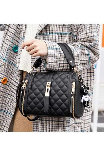 Geantă Elegantă Neagră Cu Compartimente Spațioase Și Accente Aurii Imitație De Piele Dimensiune (19*25*12cm) Accesoriu Inclus