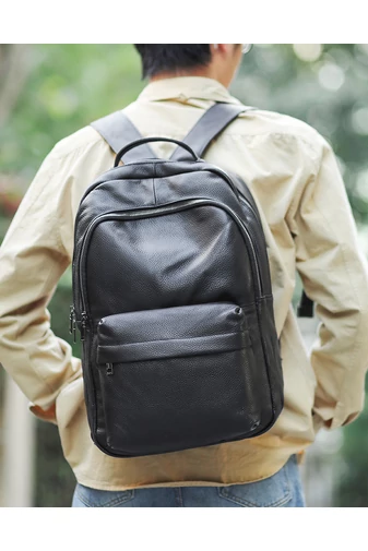 Rucsac Unisex Bonluo Negru Din Piele Naturala Cu Spațiu Pentru Laptop 15.6 inch 41*28*17cm