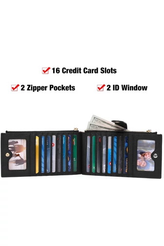 Portofel RFID Dama Din Piele PU Negru Cu 16 Sloturi Card 19,5*11*2cm