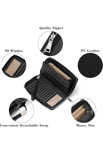 Portofel Damă Multifuncțional Negru Din PU Cu Fermuar Și Curea de Mână 22x12x3 cm Bonluo
