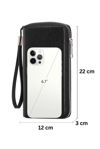 Portofel Damă Multifuncțional Negru Din PU Cu Fermuar Și Curea de Mână 22x12x3 cm Bonluo