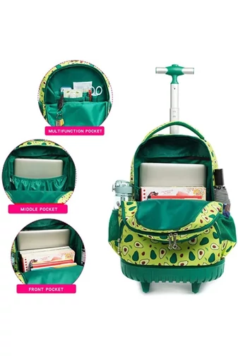 Set Ghizdan 3în1 Cu Roți Încorporate Bonluo Verde Model Avocado Cu Gentă De Pânz Și Penar 40*35*25cm