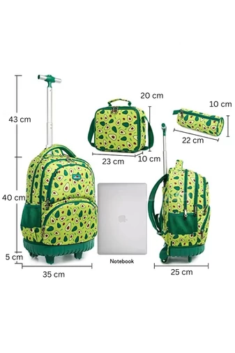 Set Ghizdan 3în1 Cu Roți Încorporate Bonluo Verde Model Avocado Cu Gentă De Pânz Și Penar 40*35*25cm